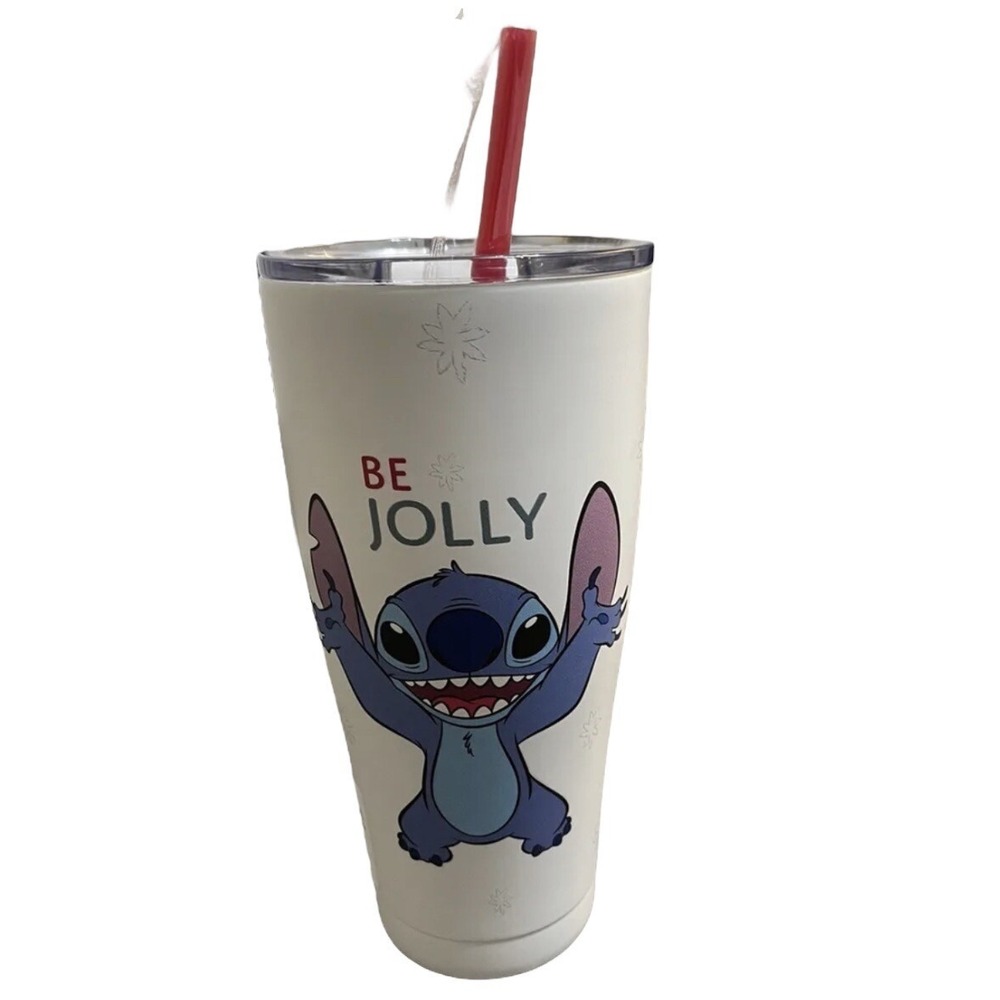 Disney Stitch "Be Jolly" Christmas Tumbler Cup‎ w/ Straw Holiday Gift NEW